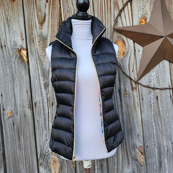Black Puffer Vest Lilly Pulitzer Allie Size XS Zip Floral Reef Puffer Packable - Picture 2 of 10